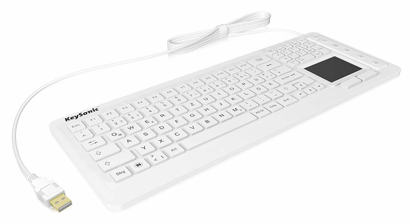 KeySonic KSK - 6231 INEL (DE) Hygienetastatur - Industrietastatur - Beleuchtung - Touchpad - weiß - 2 Maustasten - USB - Wasserdicht IP68 - Volle Größe (100%) - Kabelgebunden - USB - Membran Key Switch - QWERTZ - Weiß - Tastatur