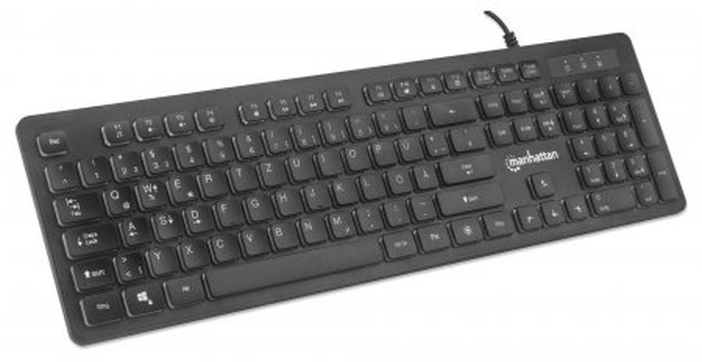 Manhattan Ultraflache USB - Gaming mit LEDs - 12 Multimedia - Funktionstasten - farbige LED - Hintergrundbeleuchtung - schwarz - Volle Größe (100%) - Kabelgebunden - USB - RGB - LED - Schwarz - Tastatur