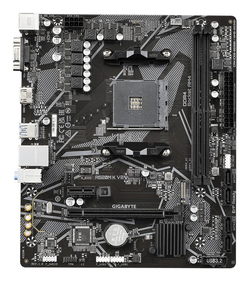Gigabyte A520M K V2 Mainboard - Unterstützt AMD Ryzen 5000 Serie AM4 CPUs - bis zu 5100MHz DDR4 (OC) - PCIe Gen3 x4 M.2 - GbE LAN - USB 3.2 Gen 1 - AMD - Sockel AM4 - AMD Ryzen 3000 Series - AMD Ryzen 5000 Series - Sockel AM4 - DDR4 - SDRAM - Mainboard