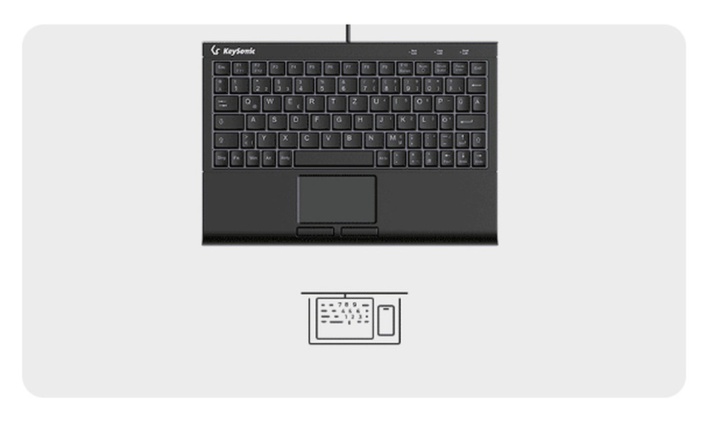 KeySonic KSK - 3211ELU (DE) - Super - Mini Tastatur - Hintergrundbeleuchtung - Touchpad - schwarz - Kabelgebunden - USB - Membran Key Switch - QWERTZ - LED - Schwarz - Tastatur