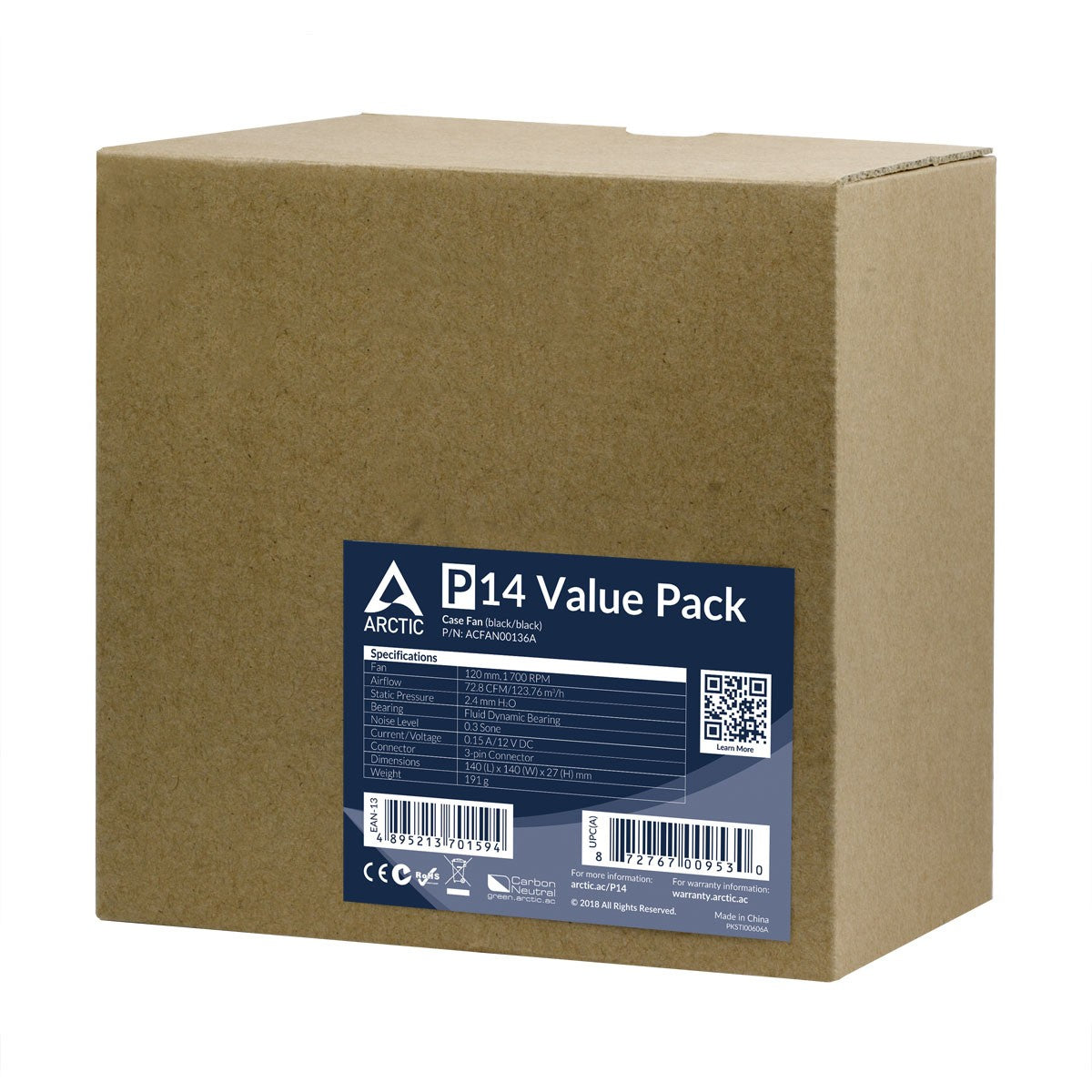 Arctic P14 Value Pack - Ventilator - 14 cm - 1700 RPM - 0,3 Sone - 72,8 cfm - 123,76 m³/h - Kühler