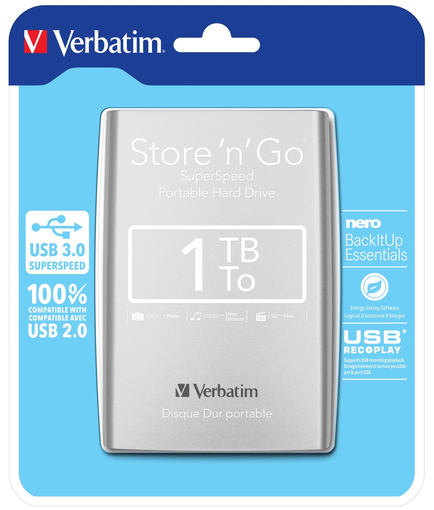 Verbatim Portables Festplattenlaufwerk Store 'n' Go USB 3.0 - 1 TB - Silber - 1 TB - 2.5" - 3.2 Gen 1 (3.1 Gen 1) - Silber - Festplatte