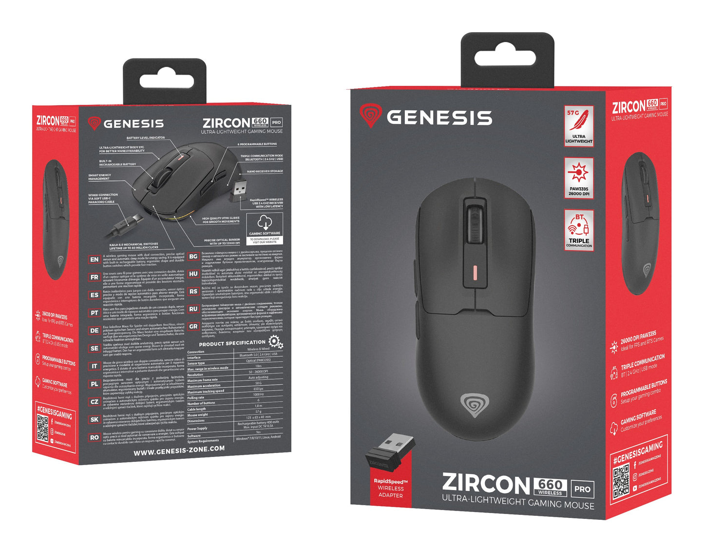natec Gaming Maus ZIRCON 660 PRO kabellos schwarz - 26.000 dpi - Maus