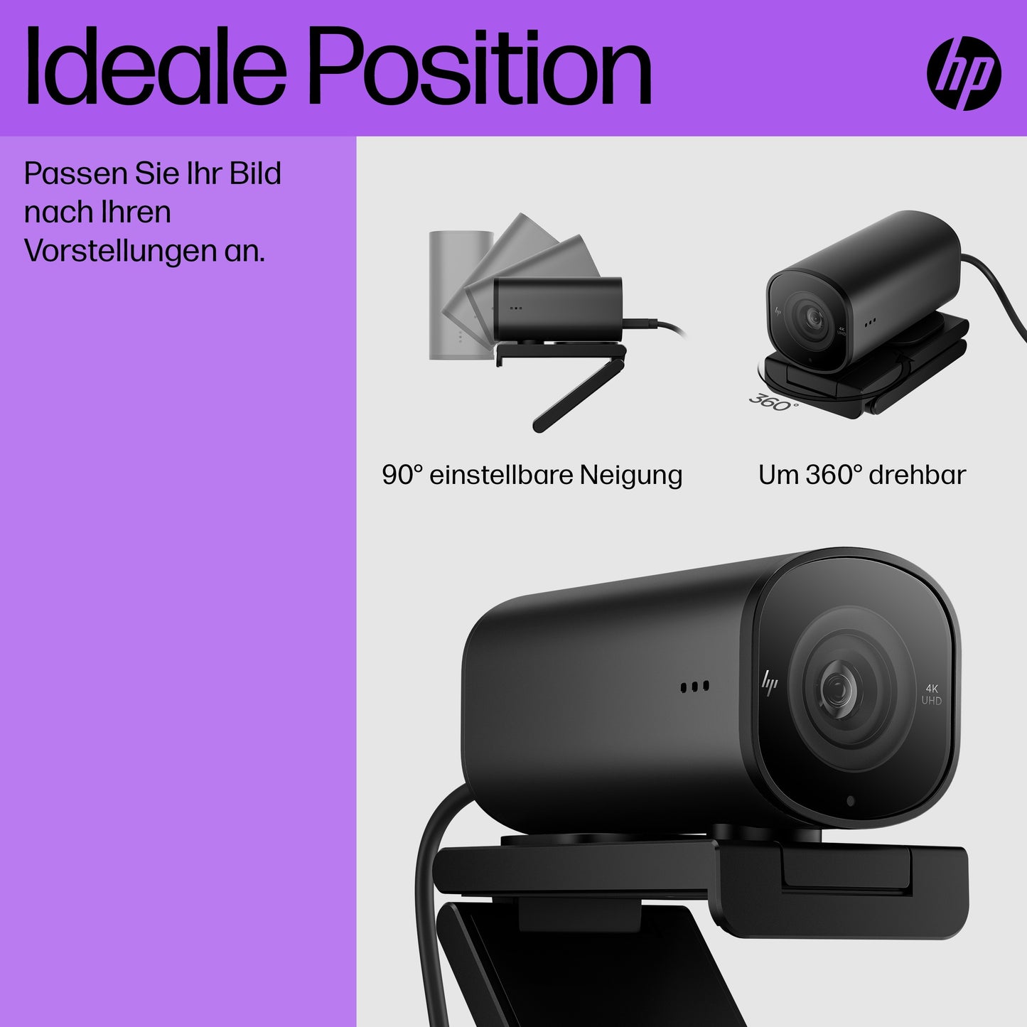 HP 965 4K Streaming - 8 MP - 3840 x 2160 Pixel - Full HD - 60 fps - 1280x720@30fps - 1280x720@60fps - 1920x1080@30fps - 1920x1080@60fps - 3840x2160@30fps - USB - Webcam