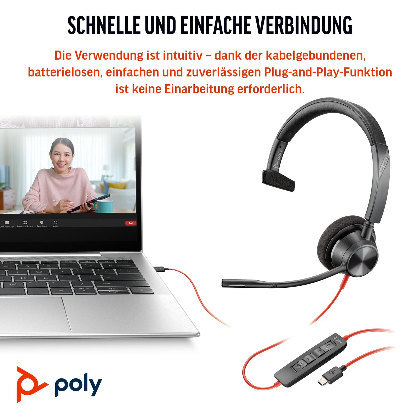 Poly Blackwire 3310 Monaural Microsoft Teams Certified USB - C Headset+USB - C/A - Plug and Play - Headset