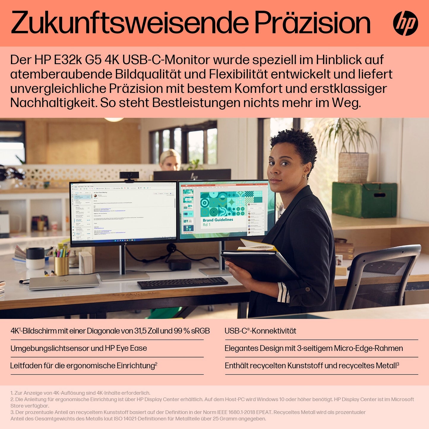 HP E32k G5 4K USB - C - 80 cm (31.5") - 3840 x 2160 Pixel - 4K Ultra HD - LCD - 5 ms - Schwarz - Monitor
