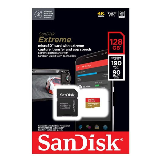 SanDisk Extreme R190/W90 microSDXC 128GB Kit, UHS-I U3, A2, Class 10