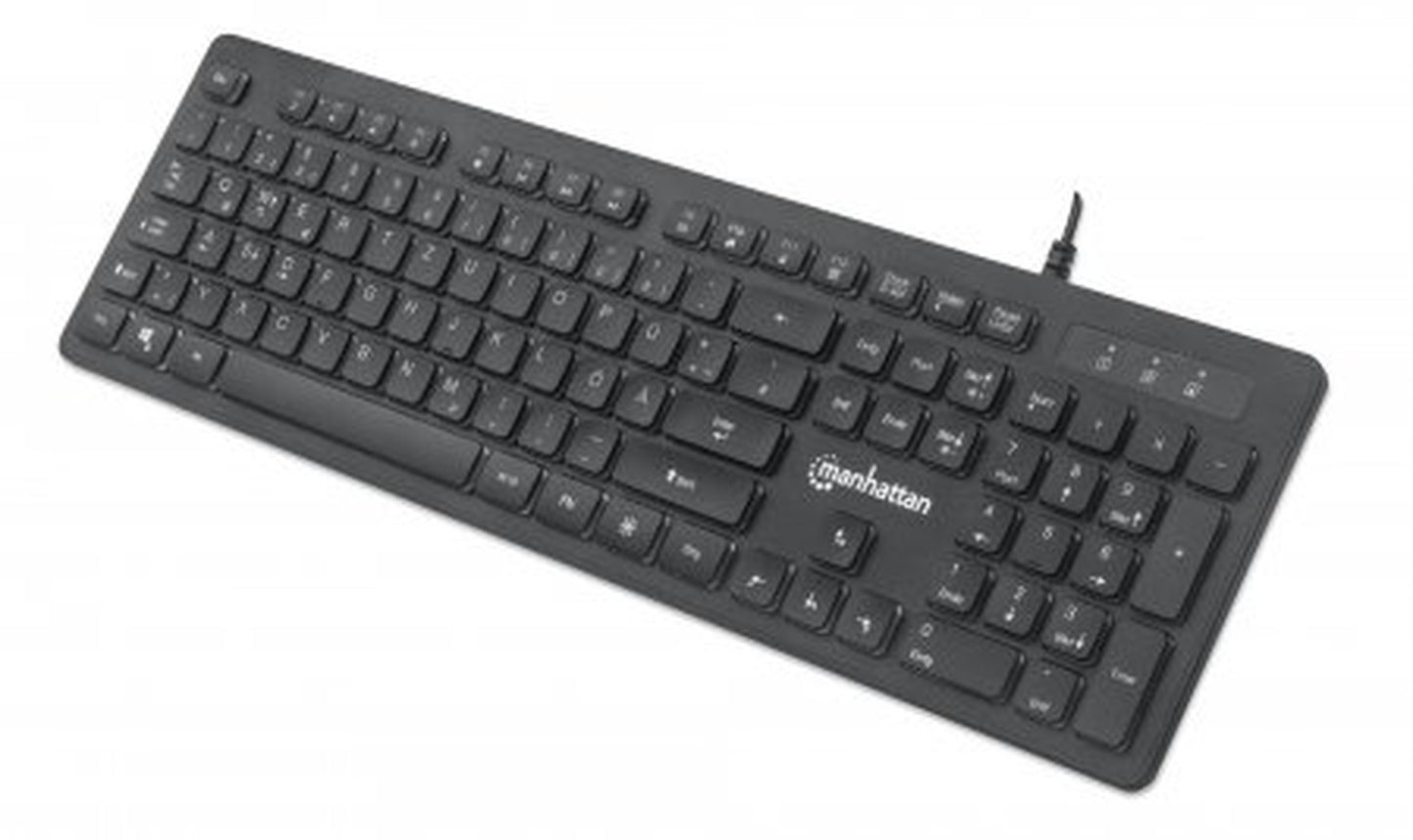 Manhattan Ultraflache USB - Gaming mit LEDs - 12 Multimedia - Funktionstasten - farbige LED - Hintergrundbeleuchtung - schwarz - Volle Größe (100%) - Kabelgebunden - USB - RGB - LED - Schwarz - Tastatur