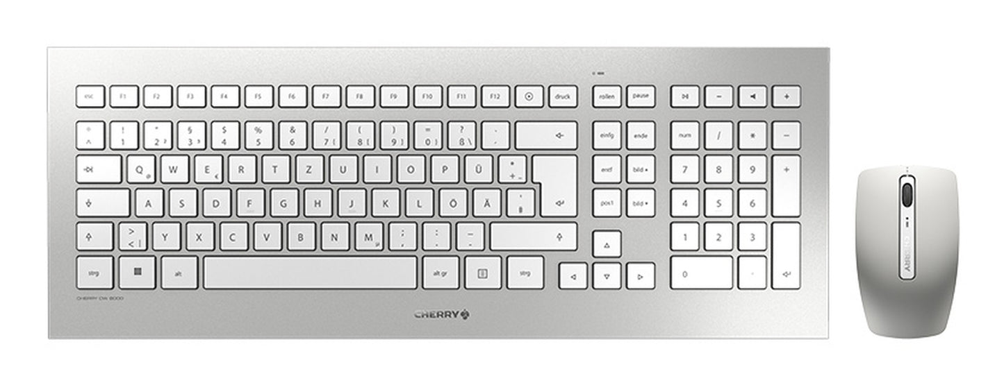 Cherry DW 8000 Kabelloses Desktopset - Weiß/Silber - USB (QWERTZ - DE) - Volle Größe (100%) - Kabellos - RF Wireless - QWERTZ - Silber - Weiß - Maus enthalten - Tastatur