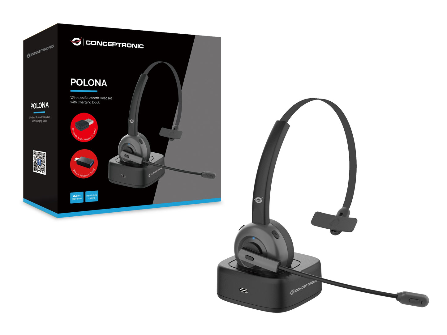 Conceptronic POLONA Kabelloses Bluetooth mit Ladedoc & Bluetooth USB audio adapter - Kabellos - Büro/Callcenter - 0 - 20000 Hz - 150 g - Kopfhörer - Schwarz - Headset