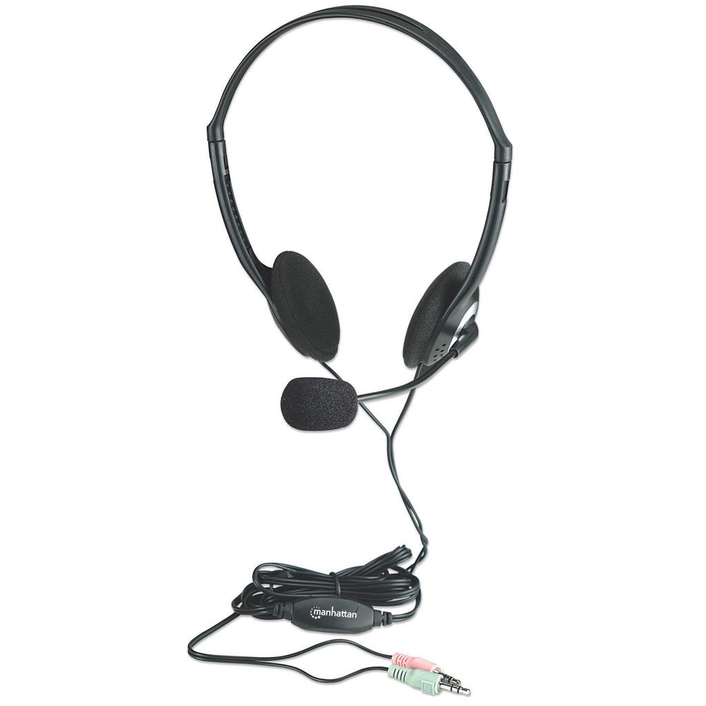 Manhattan Stereoheadset - Federleichtes Design - integriertes Mikrofon - Lautstärkeregler im Kabel integriert - Kabelgebunden - 20 - 20000 Hz - Anrufe/Musik - 75 g - Kopfhörer - Schwarz - Silber - Headset