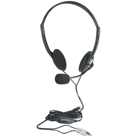 Manhattan Stereoheadset - Federleichtes Design - integriertes Mikrofon - Lautstärkeregler im Kabel integriert - Kabelgebunden - 20 - 20000 Hz - Anrufe/Musik - 75 g - Kopfhörer - Schwarz - Silber - Headset
