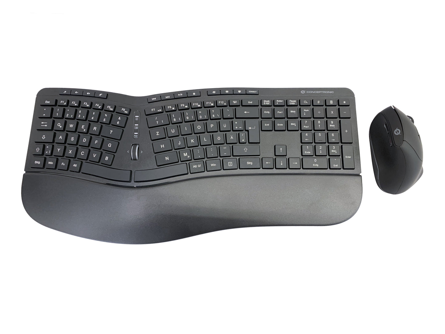 Conceptronic ORAZIO ERGO Kabelloses Set aus ergonomischer Tastatur und vertikaler Maus - deutsch - Volle Größe (100%) - Kabellos - RF Wireless - QWERTZ - Schwarz - Maus enthalten - Tastatur