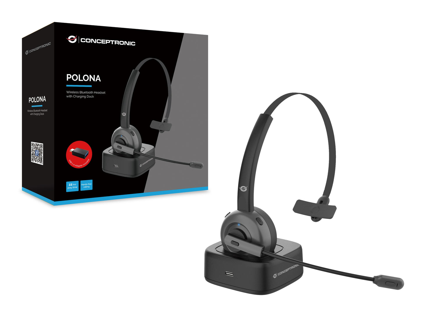 Conceptronic POLONA Kabelloses Bluetooth mit Ladedoc - Kabellos - Büro/Callcenter - 0 - 20000 Hz - 150 g - Kopfhörer - Schwarz - Headset