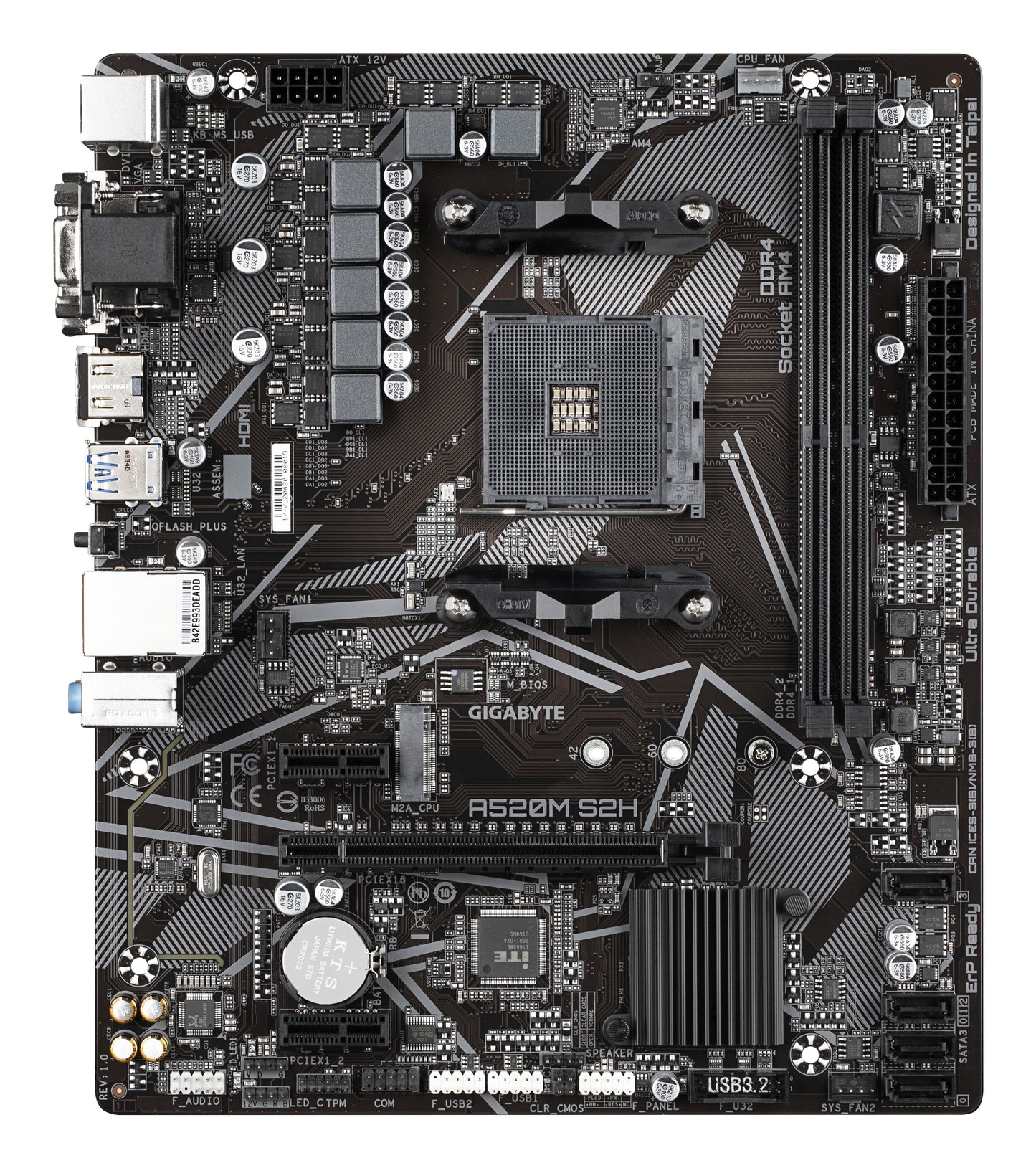 Gigabyte A520M S2H Mainboard - Unterstützt AMD Ryzen 5000 Serie AM4 CPUs - 4+3 Phasen reines digitales VRM - bis zu 5100MHz DDR4 (OC) - PCIe 3.0 x4 M.2 - GbE LAN - USB 3.2 Gen 1 - AMD - Sockel AM4 - AMD Ryzen 3000 Series - Sockel AM4 - 64 GB - Mainboard
