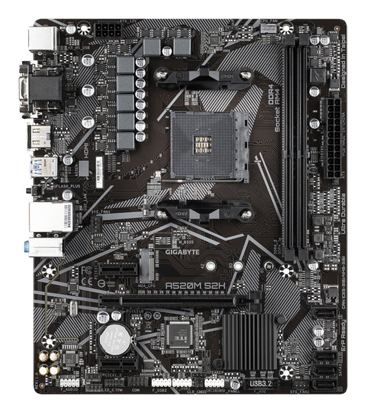 Gigabyte A520M S2H Mainboard - Unterstützt AMD Ryzen 5000 Serie AM4 CPUs - 4+3 Phasen reines digitales VRM - bis zu 5100MHz DDR4 (OC) - PCIe 3.0 x4 M.2 - GbE LAN - USB 3.2 Gen 1 - AMD - Sockel AM4 - AMD Ryzen 3000 Series - Sockel AM4 - 64 GB - Mainboard