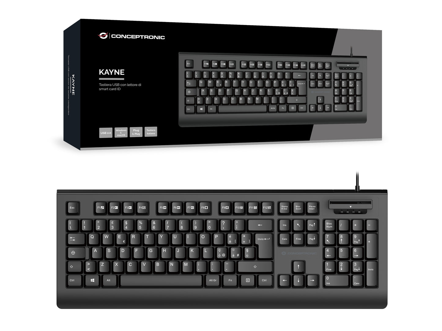 Conceptronic USB Tastatur+Smart ID - Kartenleser Layout IT sw - QWERTY - Tastatur