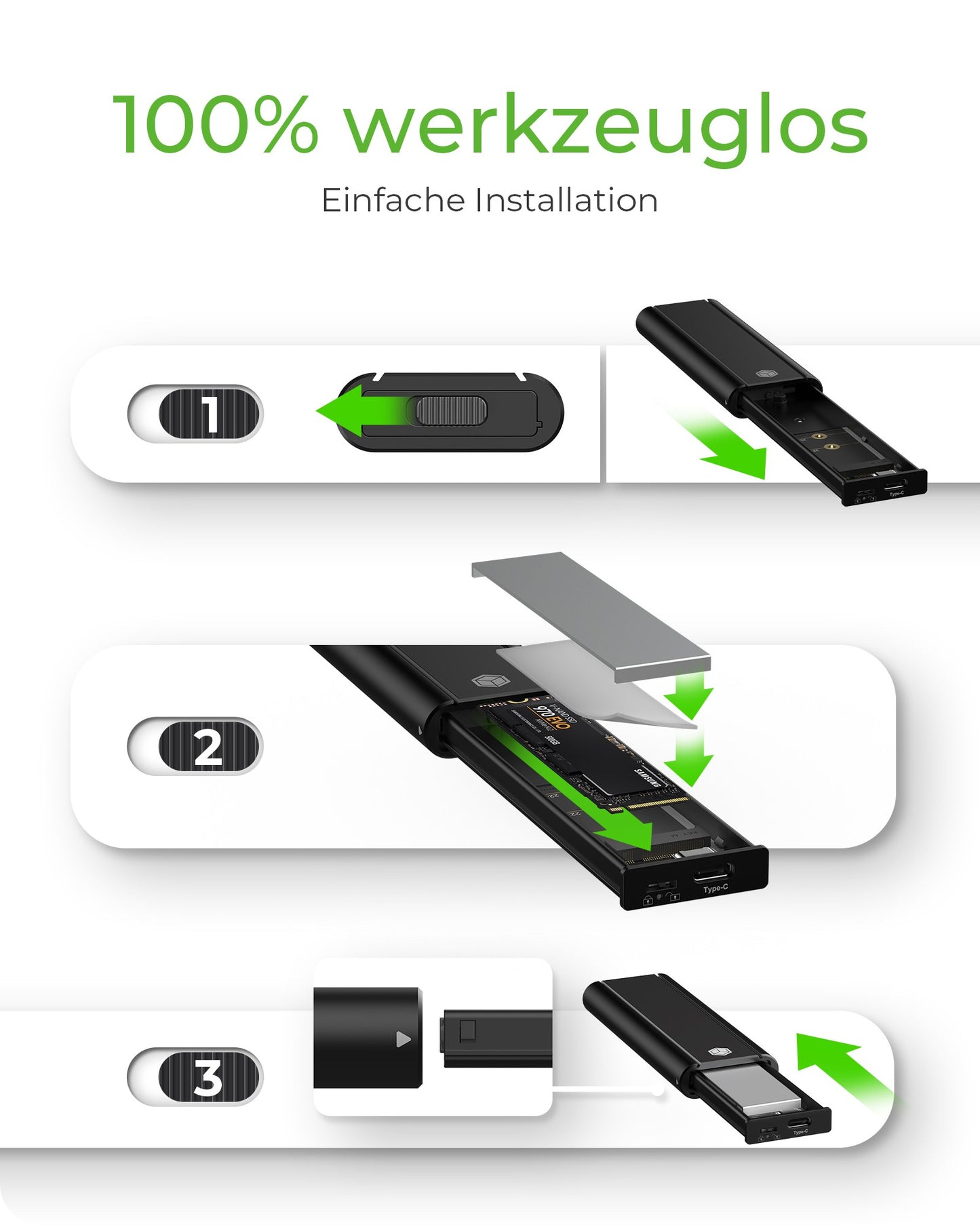 ICY BOX IB - 1807MT - C31 - ext. M.2 NVMe Gehäuse - Werkzeuglos - USB 3.2 Gen 2 Type - C®/Type - A - Aluminium - schwarz - SSD - M.2 - PCI Express - 10 Gbit/s - USB Anschluss - Schwarz - Gehäuse