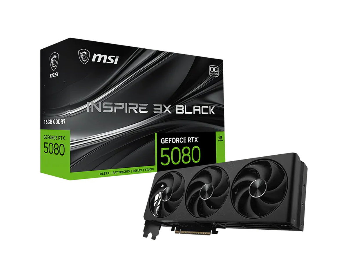 MSI GeForce RTX 5080 16G INSPIRE 3X OC BLACK, GeForce RTX 5080, 16 GB, GDDR7, 25... - PCI - Express - Grafikkarte