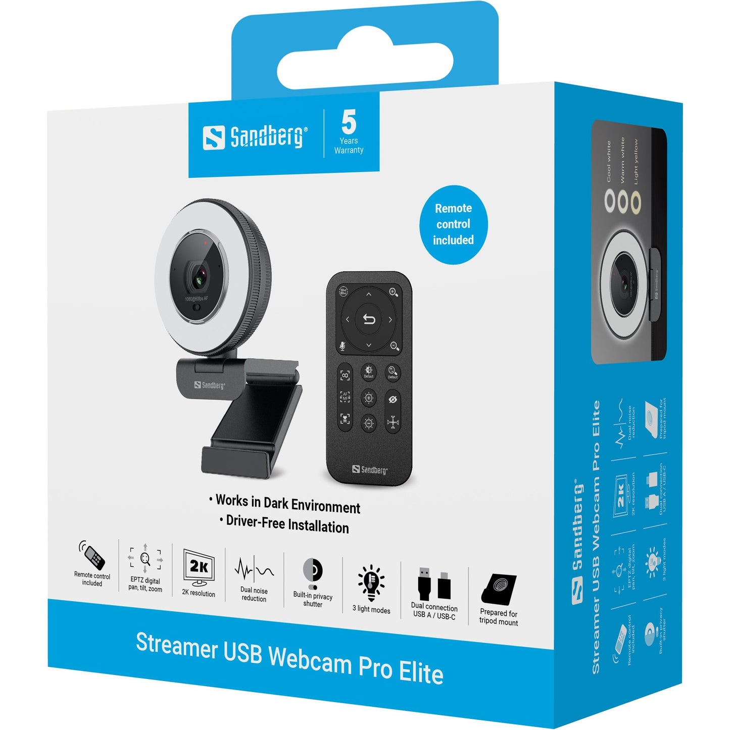 SANDBERG Streamer USB Webcam Pro Elite - 2560 x 1440 Pixel - 60 fps - 1920x1080@60fps - 2560x1440@30fps - 480p - 720p - 1080p - 1440p - H.264 - H.265 - M - JPEG - YUY2 - Auto/Manuell - Webcam