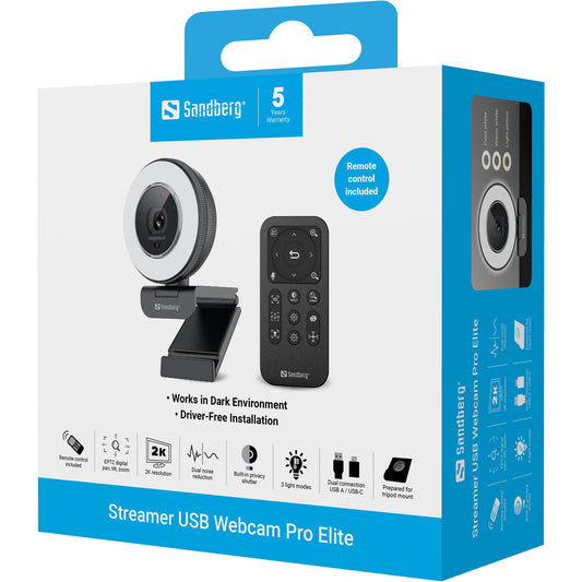 SANDBERG Streamer USB Webcam Pro Elite - 2560 x 1440 Pixel - 60 fps - 1920x1080@60fps - 2560x1440@30fps - 480p - 720p - 1080p - 1440p - H.264 - H.265 - M - JPEG - YUY2 - Auto/Manuell - Webcam