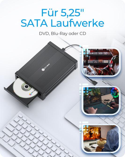 ICY BOX IB - 525 - U3 für 1x 5,25" SATA DVD/Blue - Ray Laufwerk - schwarz - 13,3 cm (5.25") - SATA III - 5 Gbit/s - 3.2 Gen 1 (3.1 Gen 1) - USB Typ - C - Schwarz - Gehäuse