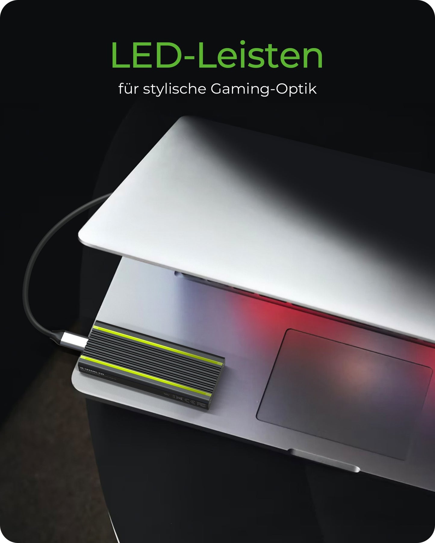 ICY BOX IB - 1824ML - C31 - Type - C® USB 3.2 Gen 2 zu PCIe NVMe M.2 2230/2242/2260/2280 SSD Gehäuse - Beleuchtung mit Farbwechsel - SSD - M.2 - PCI Express 3.0 - 10 Gbit/s - USB Anschluss - Schwarz - Gehäuse