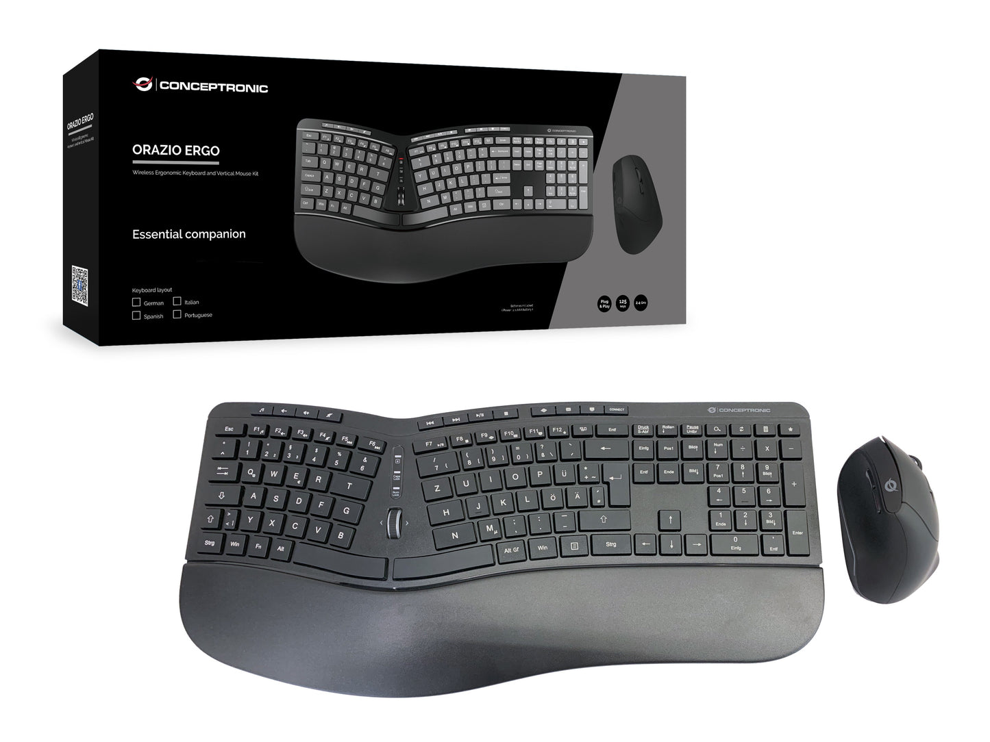 Conceptronic ORAZIO ERGO Kabelloses Set aus ergonomischer Tastatur und vertikaler Maus - deutsch - Volle Größe (100%) - Kabellos - RF Wireless - QWERTZ - Schwarz - Maus enthalten - Tastatur