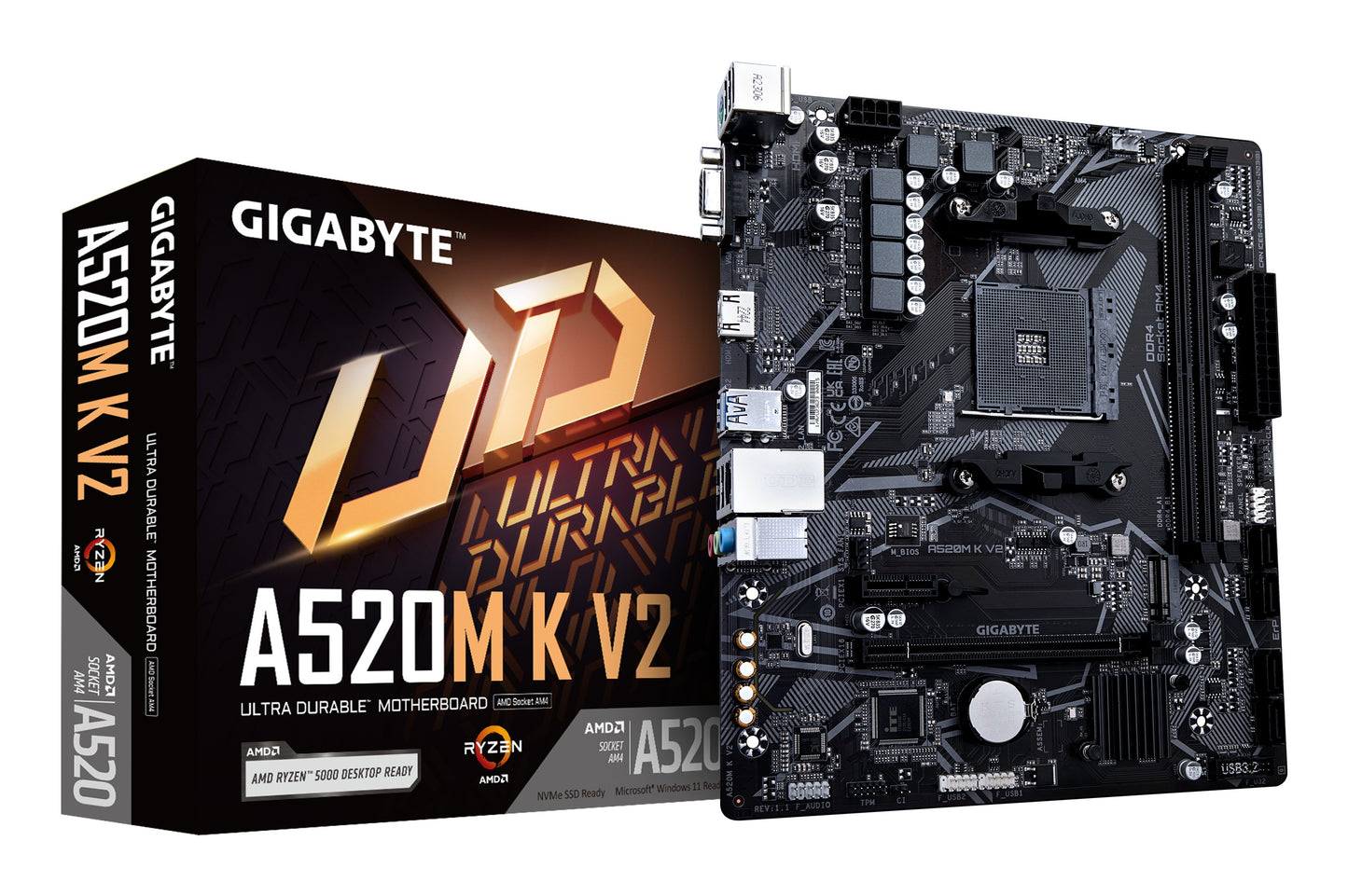 Gigabyte A520M K V2 Mainboard - Unterstützt AMD Ryzen 5000 Serie AM4 CPUs - bis zu 5100MHz DDR4 (OC) - PCIe Gen3 x4 M.2 - GbE LAN - USB 3.2 Gen 1 - AMD - Sockel AM4 - AMD Ryzen 3000 Series - AMD Ryzen 5000 Series - Sockel AM4 - DDR4 - SDRAM - Mainboard