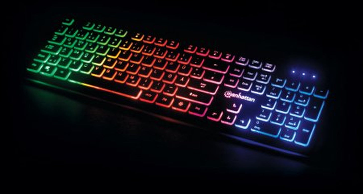 Manhattan Ultraflache USB - Gaming mit LEDs - 12 Multimedia - Funktionstasten - farbige LED - Hintergrundbeleuchtung - schwarz - Volle Größe (100%) - Kabelgebunden - USB - RGB - LED - Schwarz - Tastatur