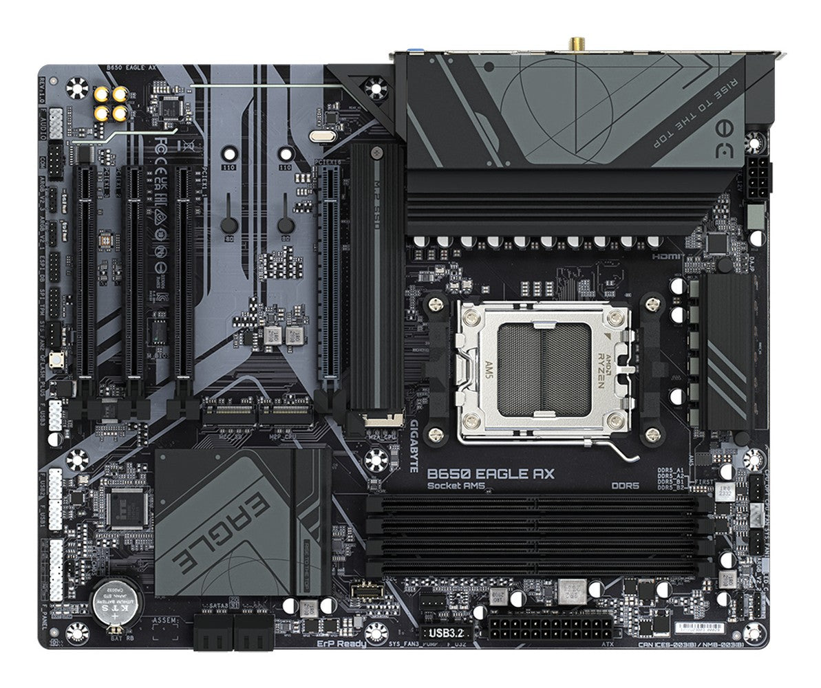 Gigabyte B650 EAGLE AX Mainboard - AMD Ryzen 9000er - Serie - 12+2+2 Phasen VRM - bis zu 7600 MHz DDR5 (OC) - 1xPCIe 5.0 + 2xPCIe 4.0 M.2 - GbE LAN - WIFI 6E - USB 3.2 Gen 2 - AMD - Sockel AM5 - AMD Ryzen 7000 Series - AMD Ryzen 8000 Series - Mainboard