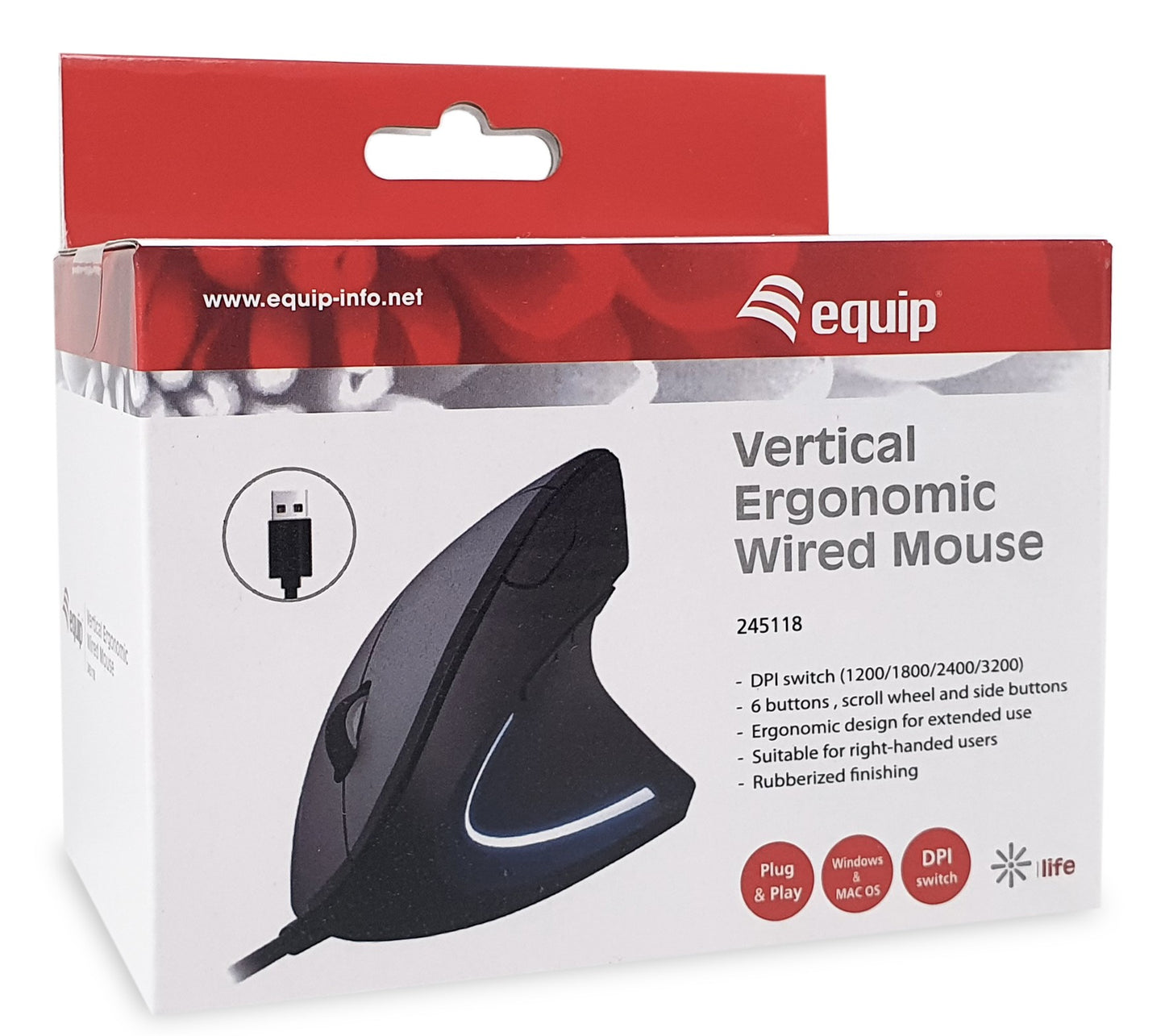 Equip Ergonomische Maus USB - A Stecker Rechts schwarz - 3.200 dpi - Maus