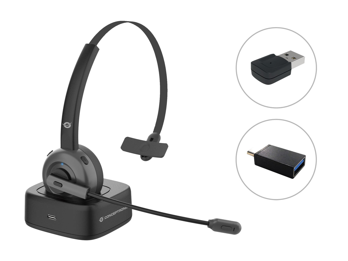 Conceptronic POLONA Kabelloses Bluetooth mit Ladedoc & Bluetooth USB audio adapter - Kabellos - Büro/Callcenter - 0 - 20000 Hz - 150 g - Kopfhörer - Schwarz - Headset