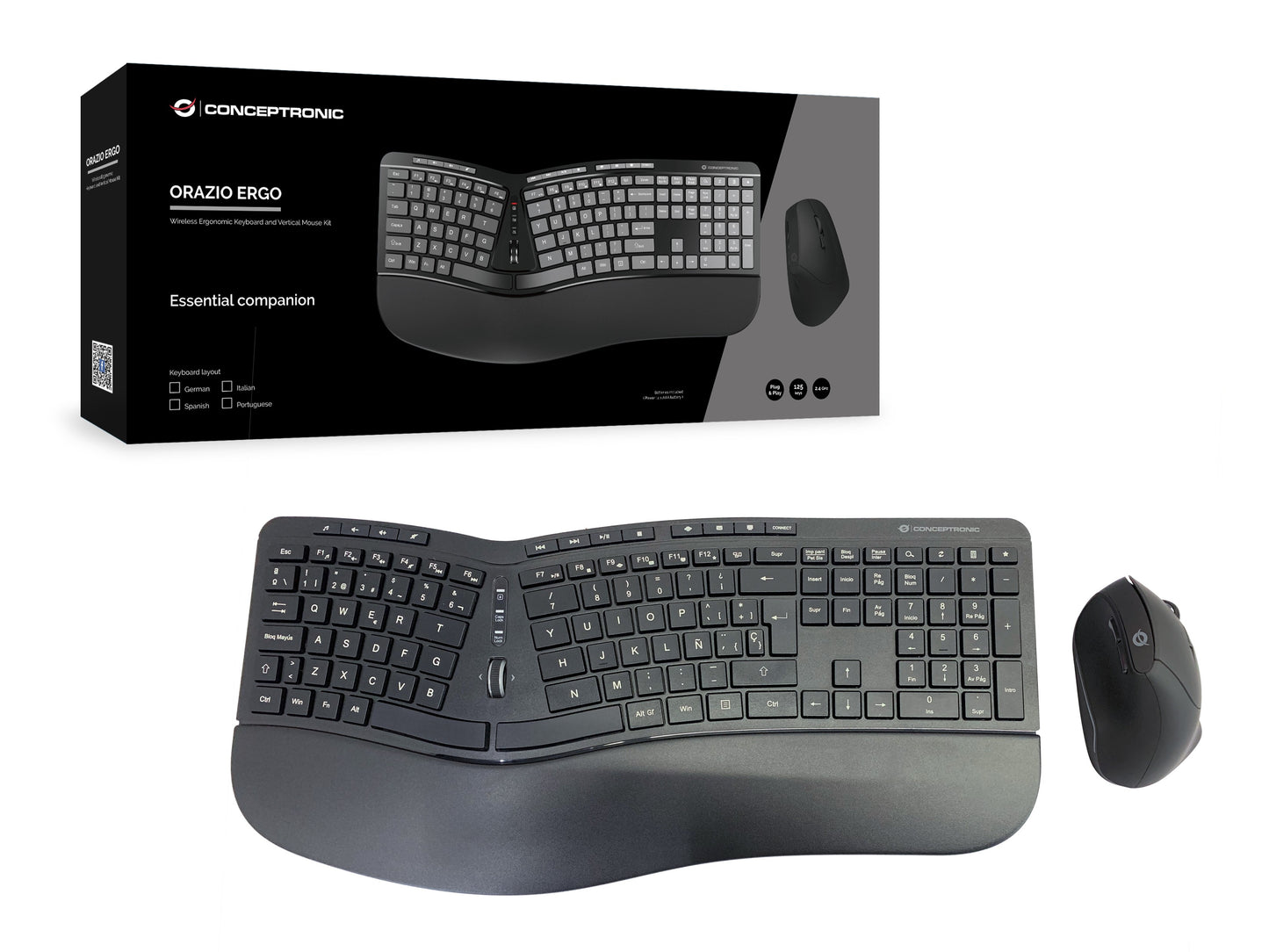 Conceptronic ORAZIO ERGO Kabelloses Set aus ergonomischer Tastatur und vertikaler Maus - spanisch - Volle Größe (100%) - Kabellos - RF Wireless - QWERTY - Schwarz - Maus enthalten - Tastatur