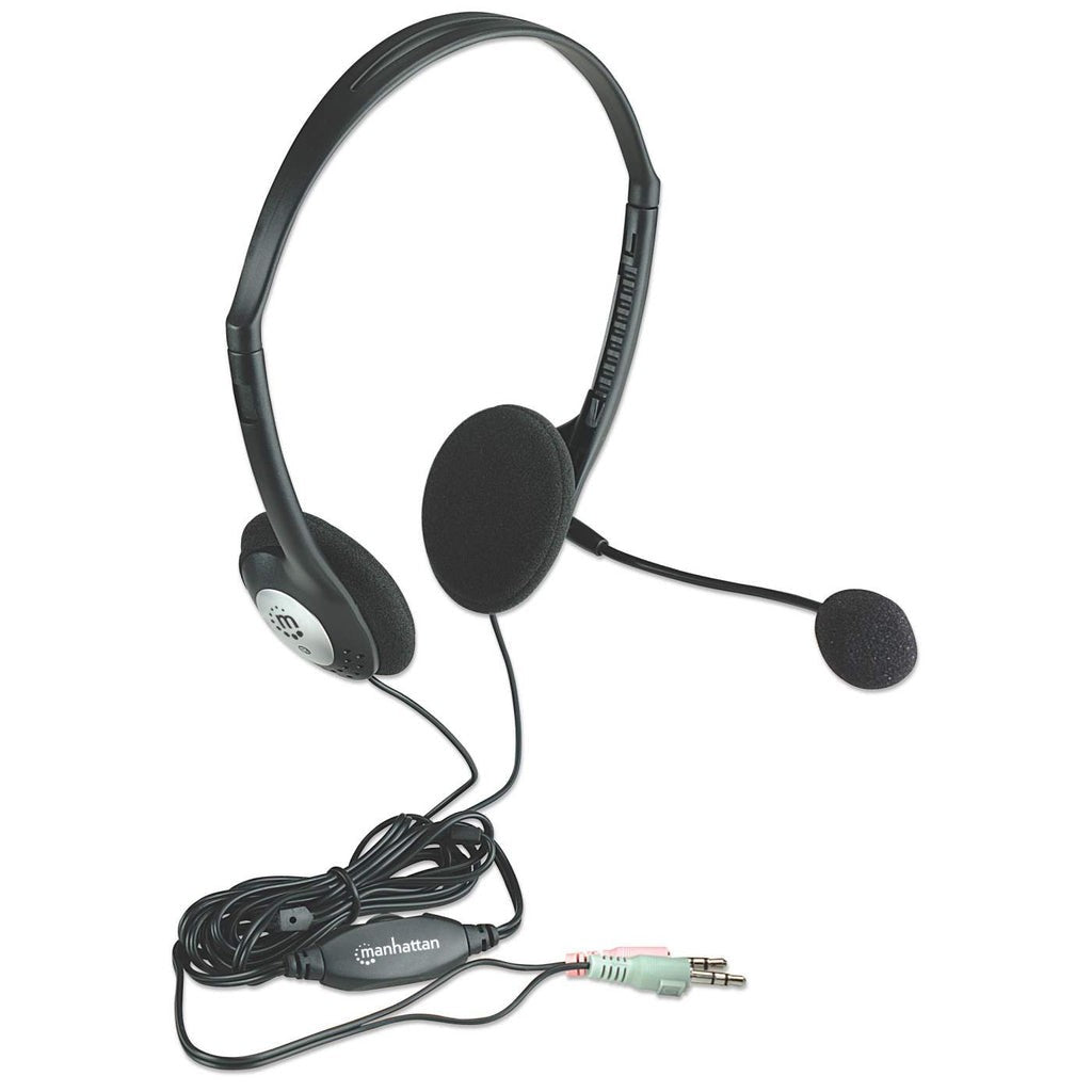 Manhattan Stereoheadset - Federleichtes Design - integriertes Mikrofon - Lautstärkeregler im Kabel integriert - Kabelgebunden - 20 - 20000 Hz - Anrufe/Musik - 75 g - Kopfhörer - Schwarz - Silber - Headset