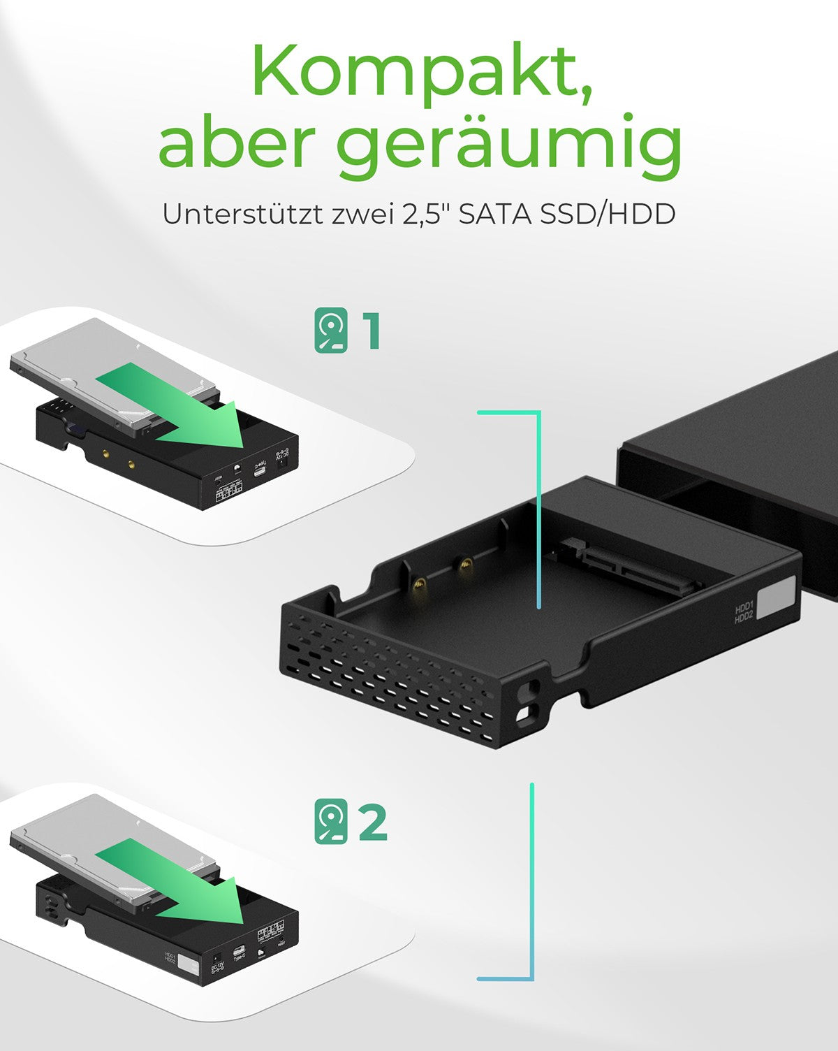 ICY BOX IB - RD2253 - C31 - Festplatten - Array - 2 Schächte SATA - 600 - HDD - Usb 3.2 Gen 2 - 2,5" - Gehäuse