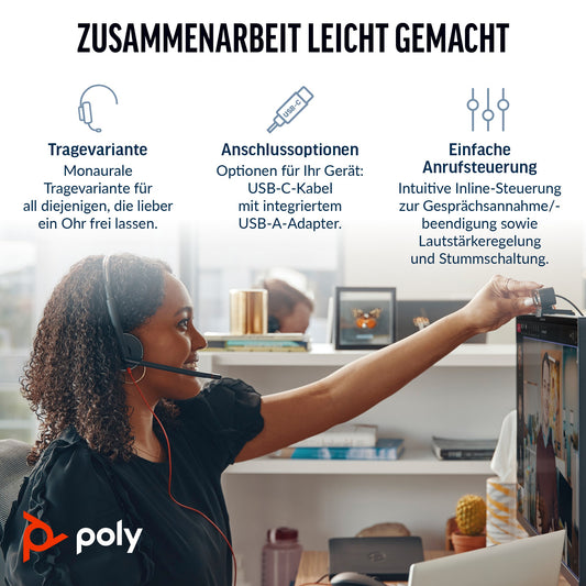 Poly HP Poly Blackwire 3210 Monaurales USB - C + USB - C/A - Adapter - Kabelgebunden - Büro/Callcenter - 64 g - Kopfhörer - Schwarz - Headset