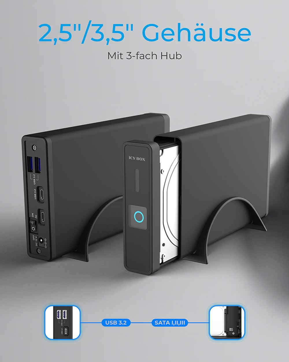 ICY BOX IB - 382H - C31 - USB 3.2 Gen 2 Gehäuse für 2,5'' od. 3,5'' SATA HDD/SSD - integrierter Hub 1x USB - C 2x USB - A - 10 Gbit/s - 12V 3A Netzteil - schwarz - HDD / SSD - 2.5/3.5" - SATA - Serial ATA II - Serial ATA III - 10 Gbit/s - Hot - Gehäuse