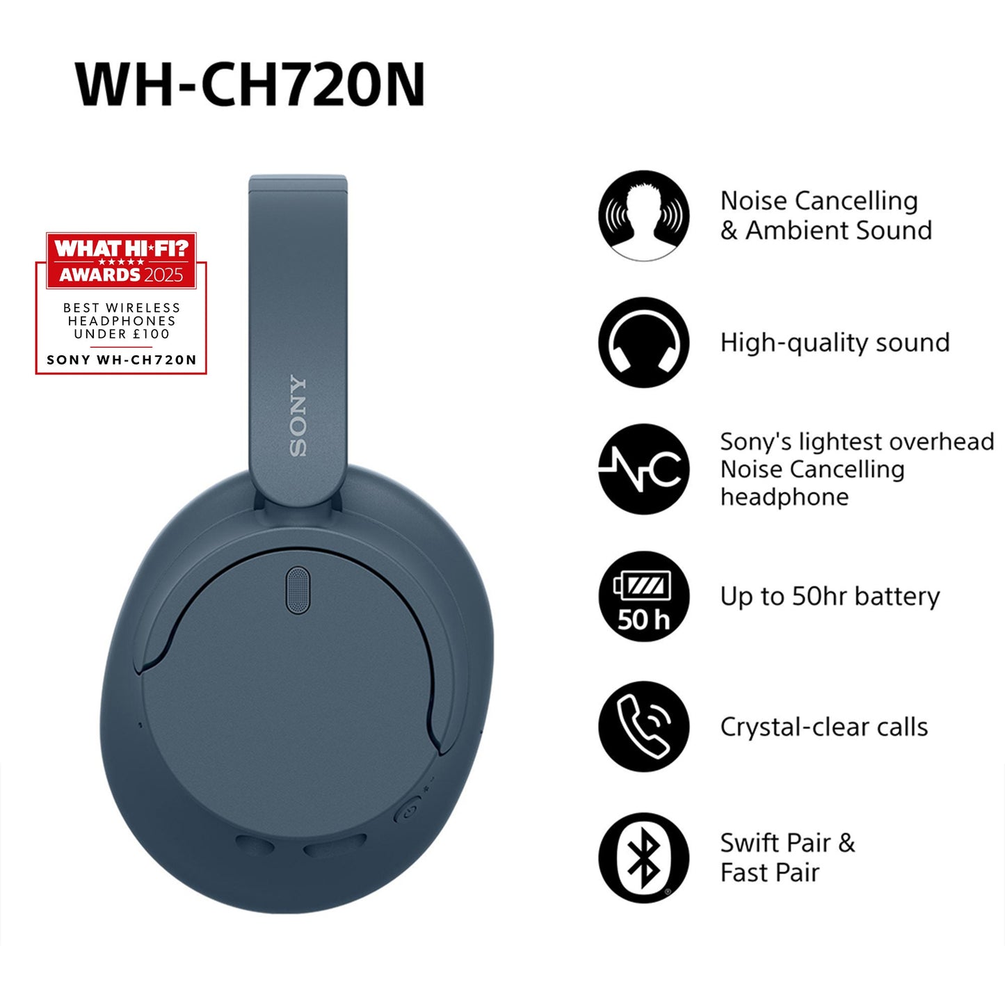 Sony WH - CH720N - Verkabelt & Kabellos - Anrufe/Musik - 7 - 20000 Hz - 192 g - Blau - Kopfhörer
