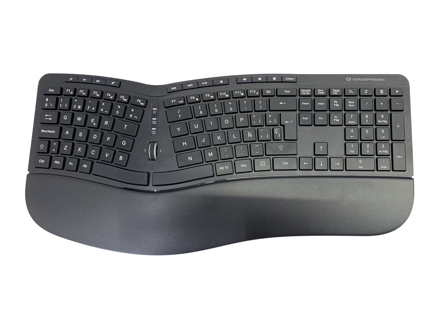 Conceptronic ORAZIO ERGO Kabelloses Set aus ergonomischer Tastatur und vertikaler Maus - spanisch - Volle Größe (100%) - Kabellos - RF Wireless - QWERTY - Schwarz - Maus enthalten - Tastatur