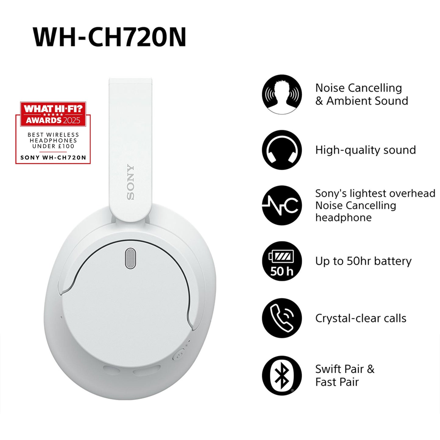 Sony WH - CH720 - Verkabelt & Kabellos - Anrufe/Musik - 7 - 20000 Hz - 192 g - Weiß - Kopfhörer