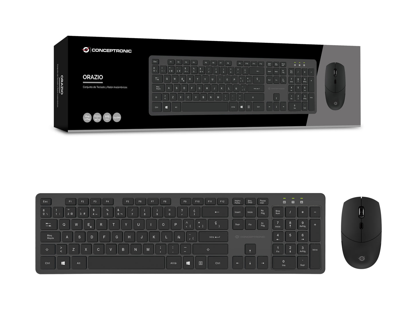 Conceptronic Kabellose Tastatur - und Maus - Kombination - Spanisches Layout - Volle Größe (100%) - Kabellos - RF Wireless - QWERTY - Schwarz - Maus enthalten - Tastatur