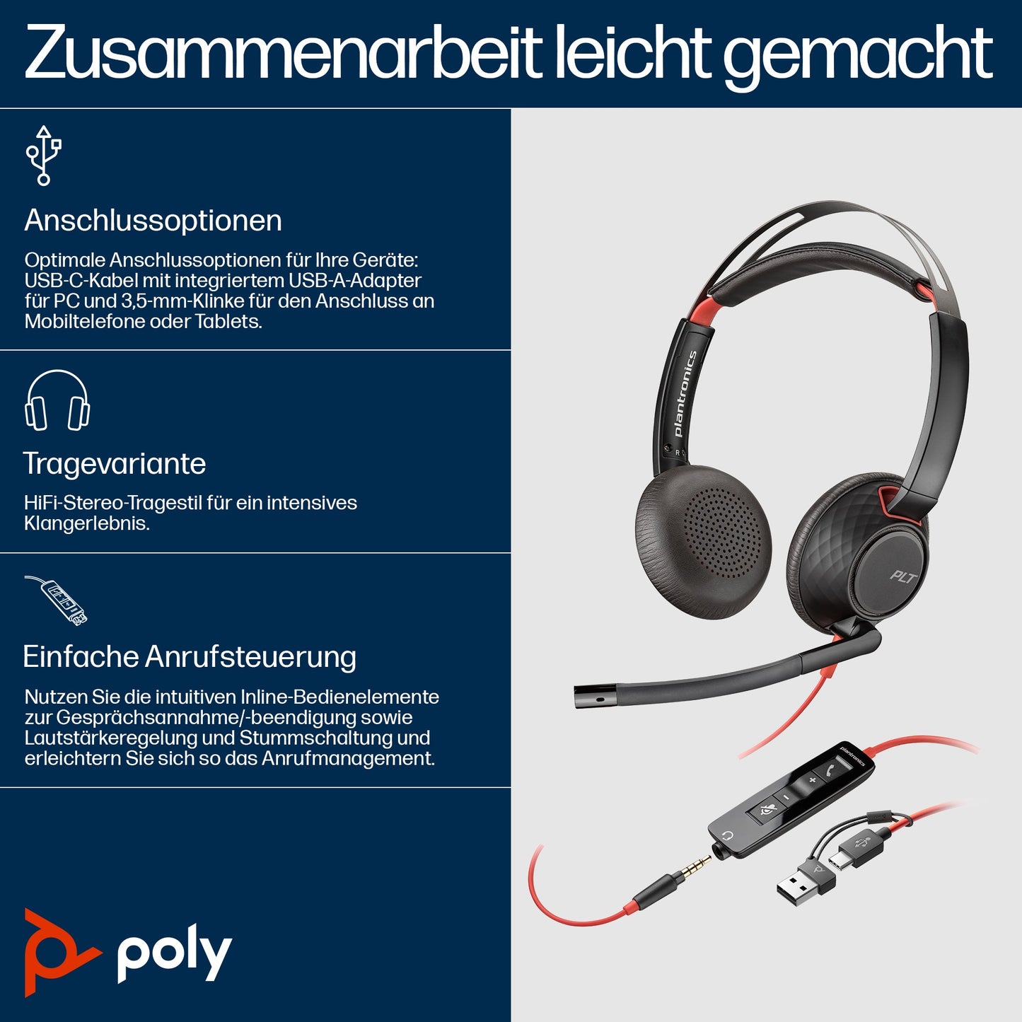 Poly Blackwire 5220 Stereo USB - C Headset+ - Stereo - Headset