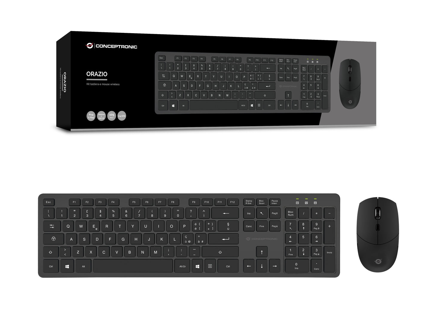 Conceptronic Kabellose Tastatur - und Maus - Kombination - Italienisches Layout - Volle Größe (100%) - Kabellos - RF Wireless - QWERTY - Schwarz - Maus enthalten - Tastatur
