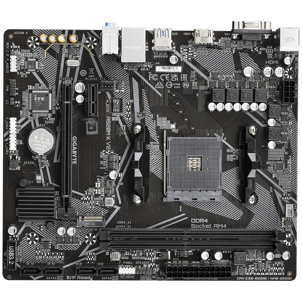 Gigabyte A520M K V2 Mainboard - Unterstützt AMD Ryzen 5000 Serie AM4 CPUs - bis zu 5100MHz DDR4 (OC) - PCIe Gen3 x4 M.2 - GbE LAN - USB 3.2 Gen 1 - AMD - Sockel AM4 - AMD Ryzen 3000 Series - AMD Ryzen 5000 Series - Sockel AM4 - DDR4 - SDRAM - Mainboard