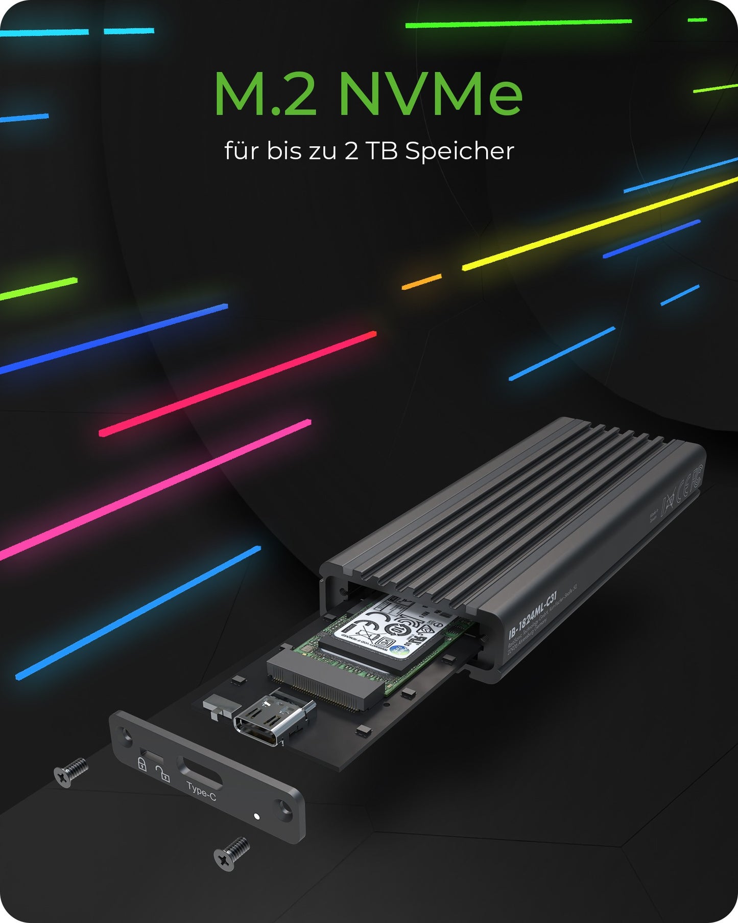 ICY BOX IB - 1824ML - C31 - Type - C® USB 3.2 Gen 2 zu PCIe NVMe M.2 2230/2242/2260/2280 SSD Gehäuse - Beleuchtung mit Farbwechsel - SSD - M.2 - PCI Express 3.0 - 10 Gbit/s - USB Anschluss - Schwarz - Gehäuse