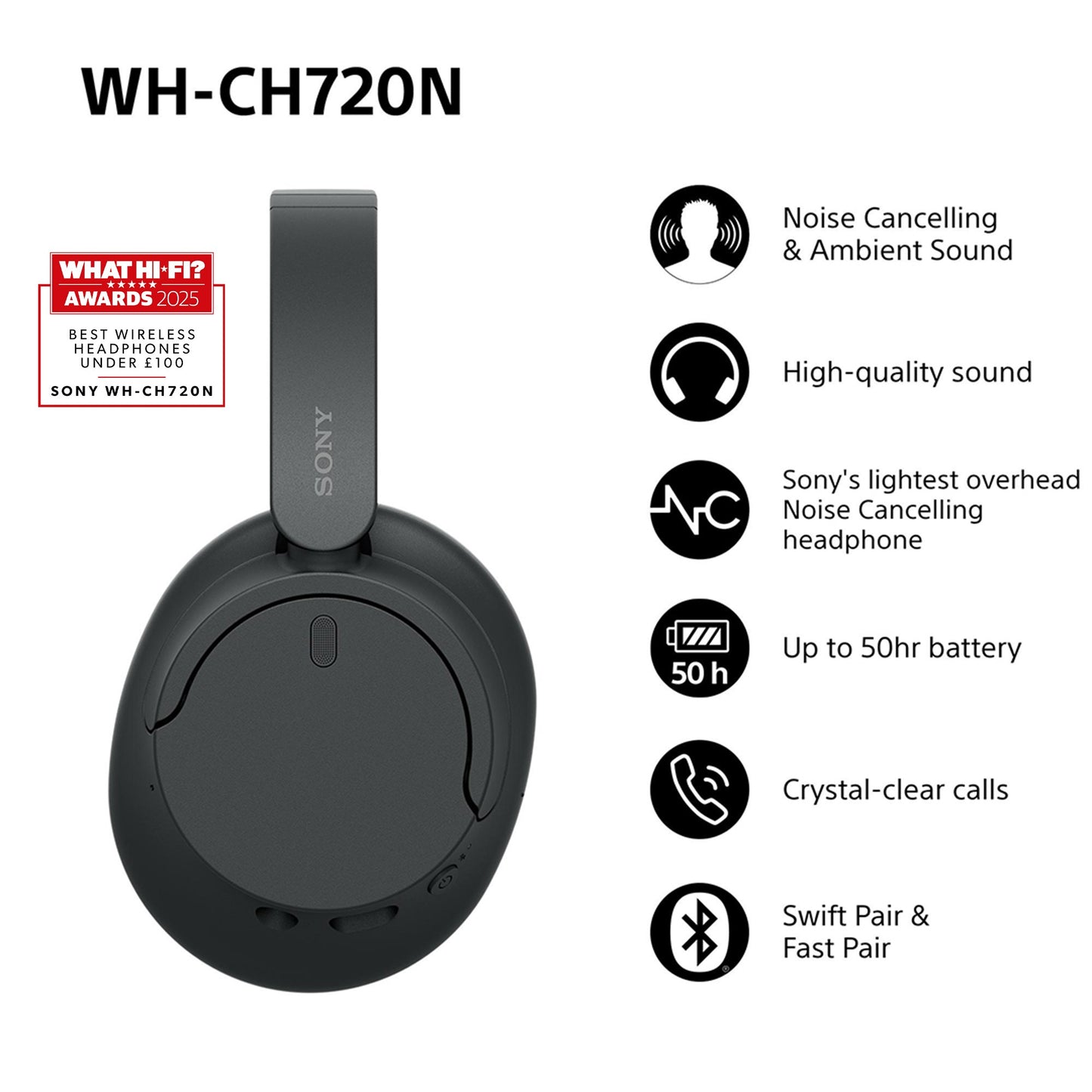 Sony WH - CH720 - Verkabelt & Kabellos - 7 - 20000 Hz - Anrufe/Musik - 192 g - Schwarz - Kopfhörer