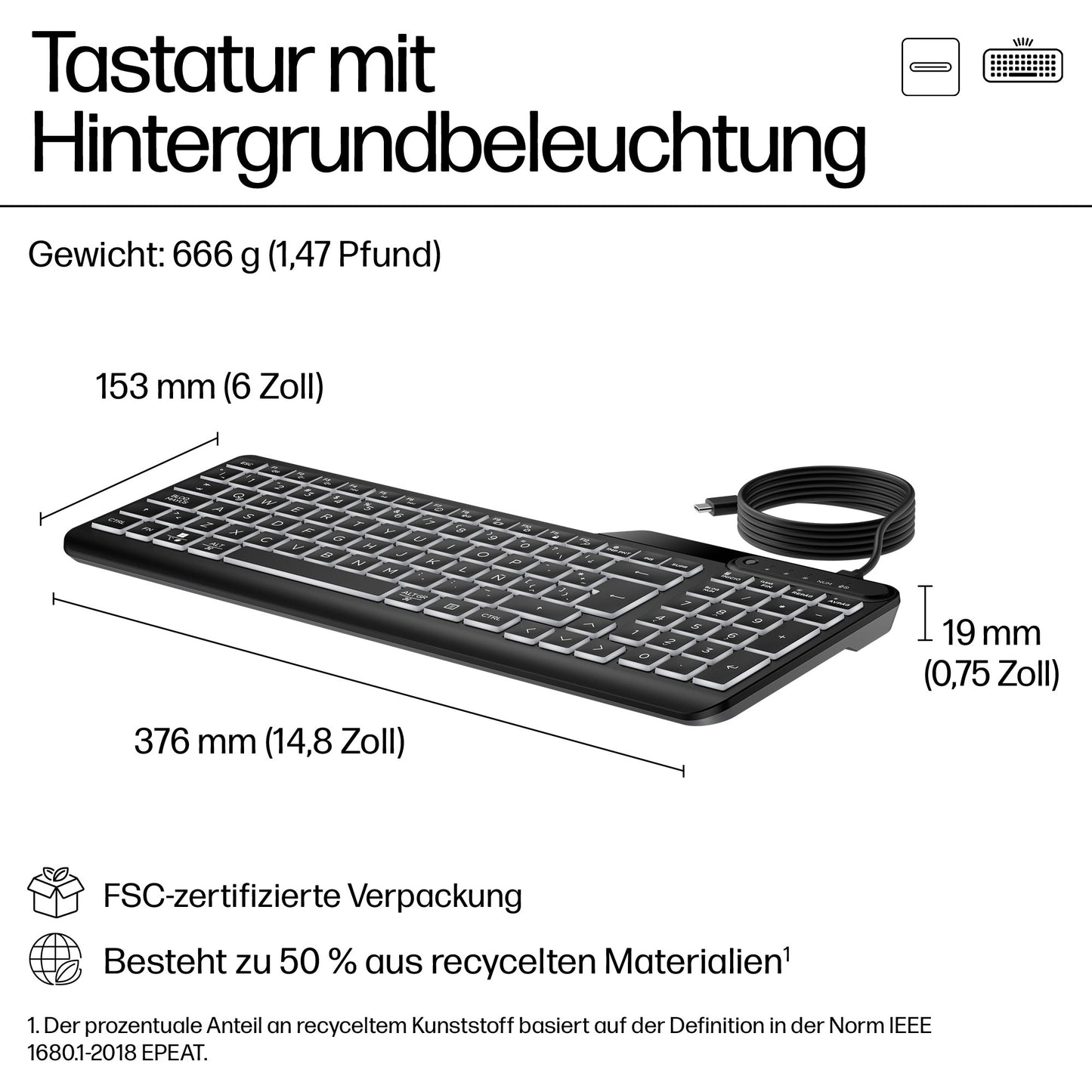 HP 405 Multi - Device Backlit Wired Keyboa - QWERTY - Tastatur
