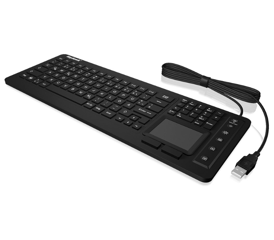 KeySonic KSK - 6231 INEL (DE) Hygienetastatur - Industrietastatur - Beleuchtung - Touchpad - schwarz - 2 Maustasten - USB - Wasserdicht IP68 - Volle Größe (100%) - Kabelgebunden - USB - Membran Key Switch - QWERTZ - Schwarz - Tastatur