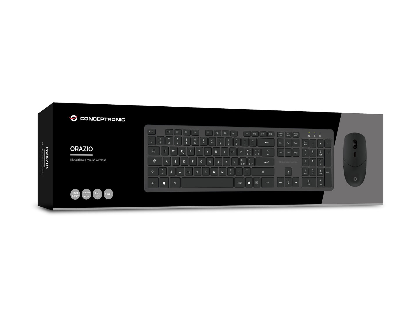 Conceptronic Kabellose Tastatur - und Maus - Kombination - Italienisches Layout - Volle Größe (100%) - Kabellos - RF Wireless - QWERTY - Schwarz - Maus enthalten - Tastatur